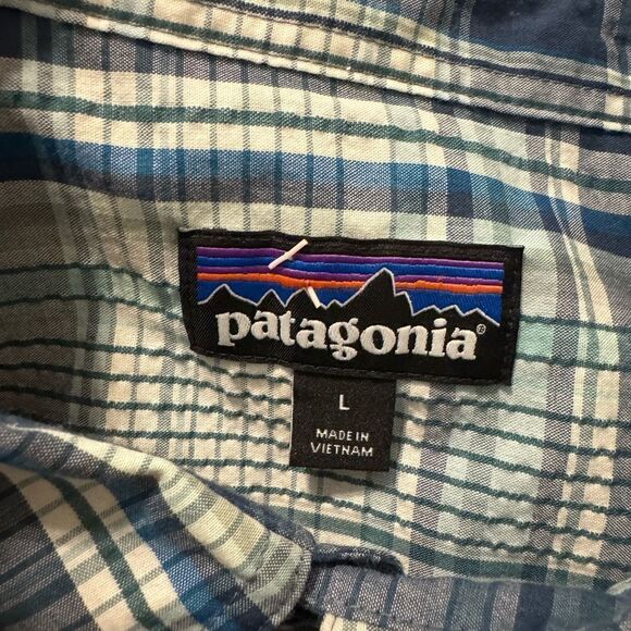 Patagonia Puckerware Button Up Shirt Mens LRG Short Sleeve Seersucker Blue Plaid - Picture 4 of 10